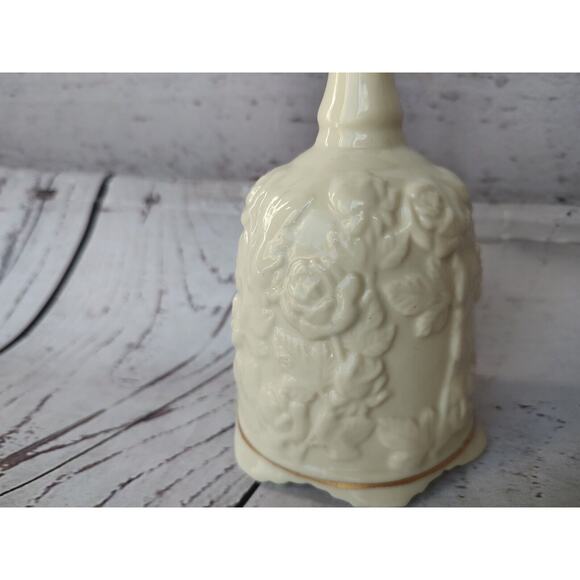 Porcelain Ivory Hand Bell With Raised Roses and Leaves Design and Gold Trim - Picture 2 of 6